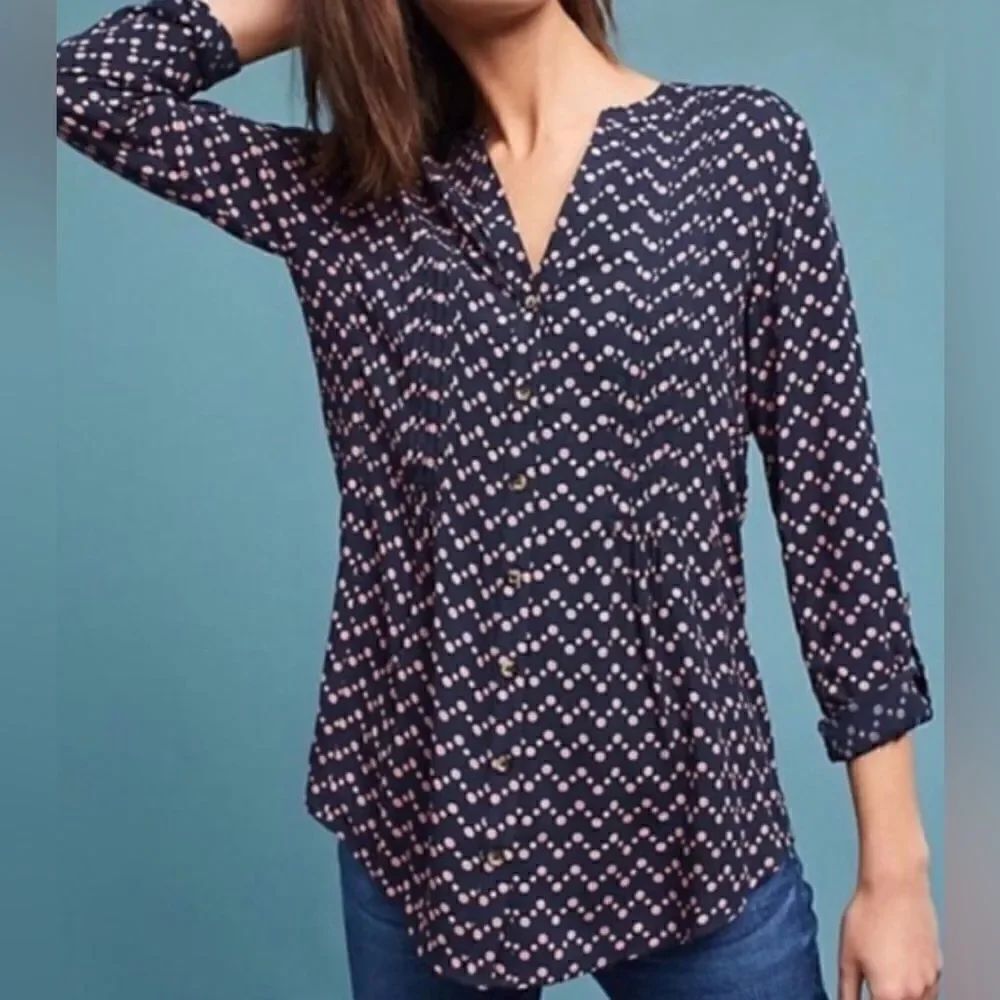 NWOT MAEVE Anthropologie Navy Blue Pink Dots BOHO SPRING BLOUSE TUNIC TOP sz S
